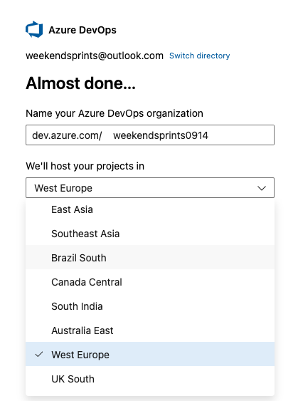 Azure DevOps Organization - available regions