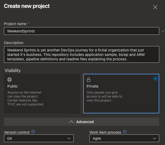 Azure DevOps - new project