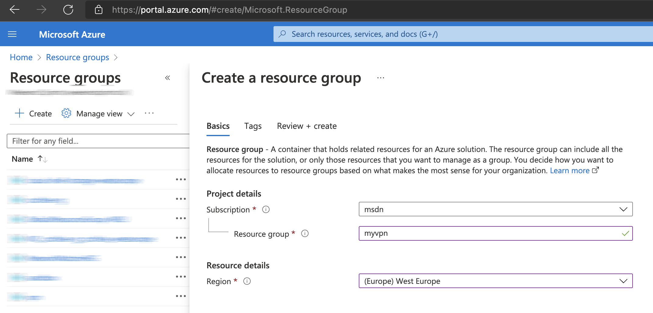 Azure Portal - how to create resource group